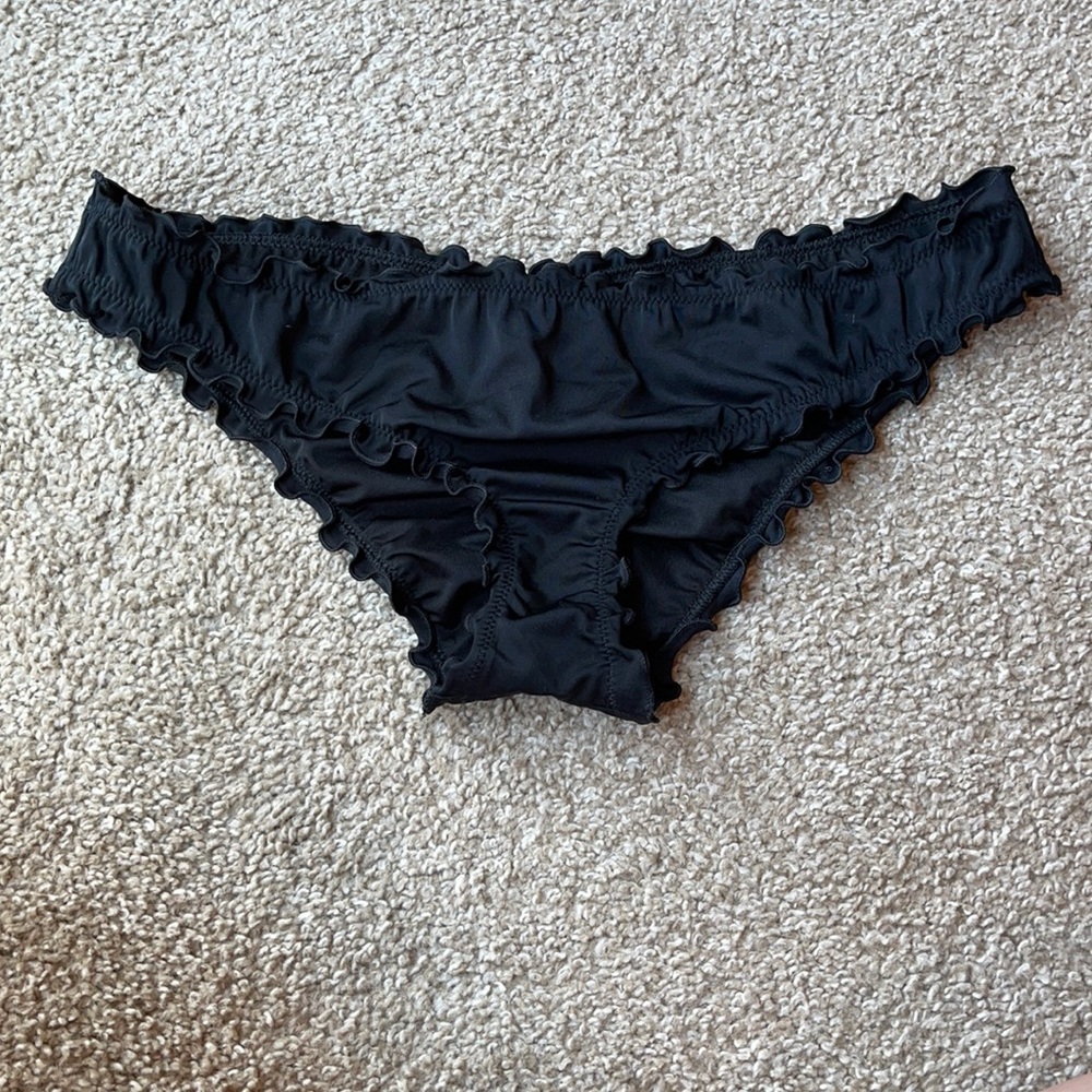 Black, ruffled, cheeky, swim bottoms. Size large